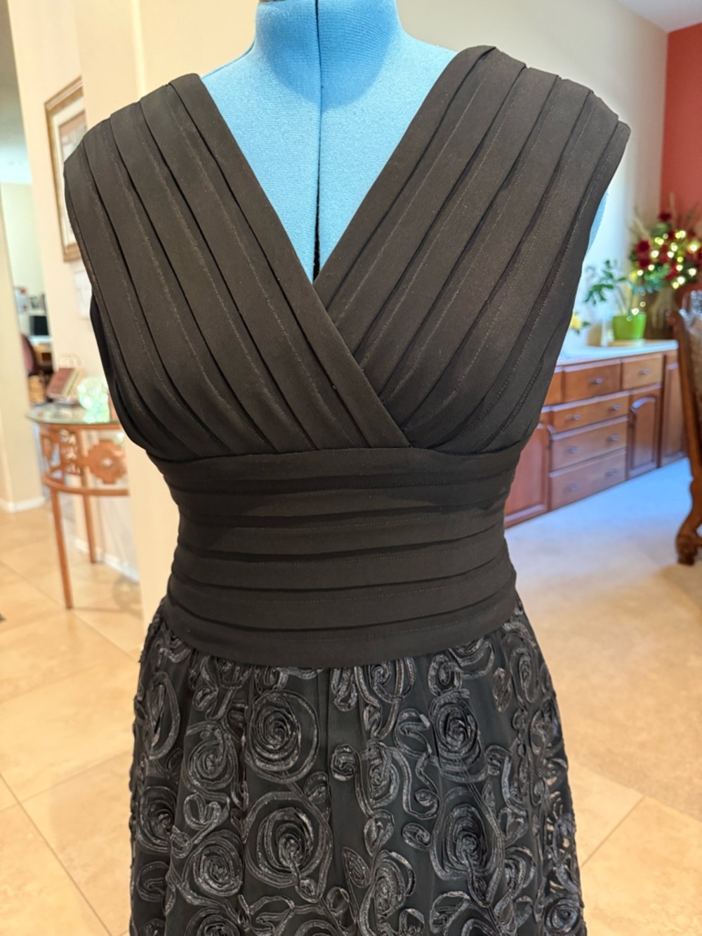 Adrianna Papell Black Pleated Bodice Midi Dress with Rosette Skirt